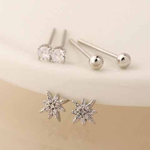Silver Plated Crystal, Star & Bead Earring Set