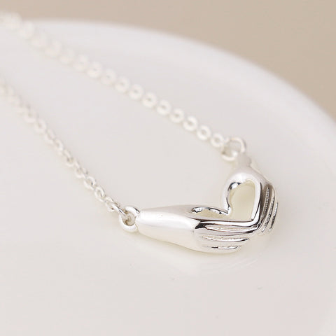 Silver Plated Heart Hands Necklace