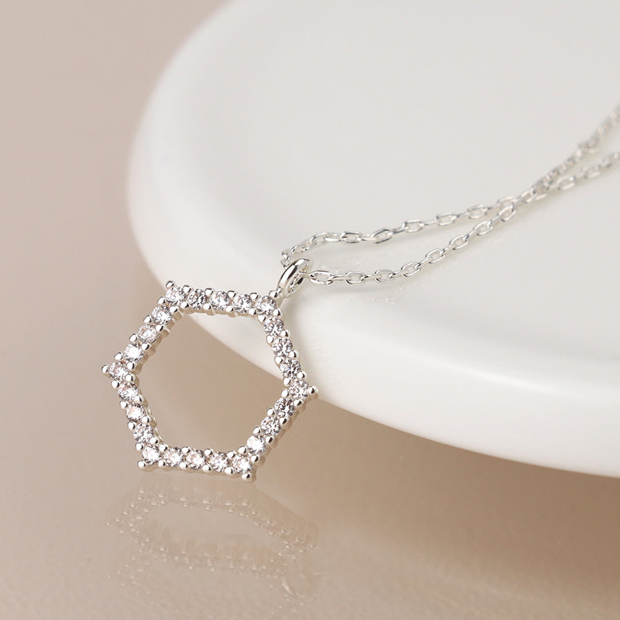 Silver Plated Pave Crystal Hexagon Necklace