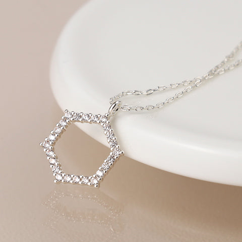 Silver Plated Pave Crystal Hexagon Necklace