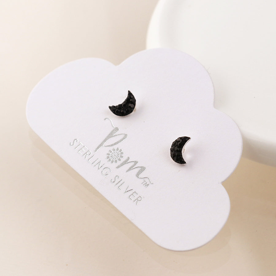 Sterling Silver Black Crystal Crescent Moon Studs