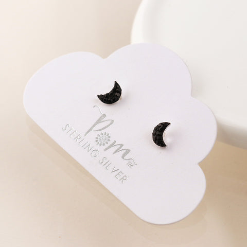 Sterling Silver Black Crystal Crescent Moon Studs