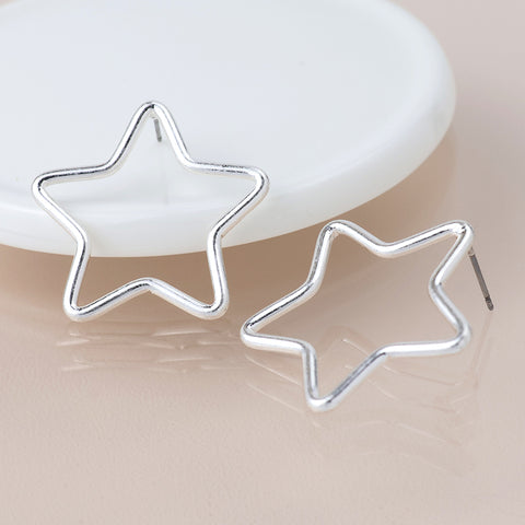 Silver Plated Worn Open Star Earrings