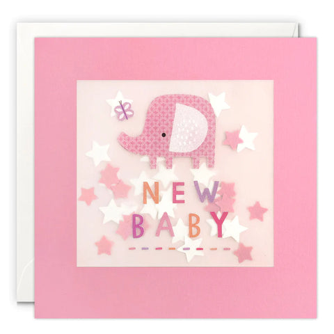Pink Elephant New Baby Card With Paper Confetti