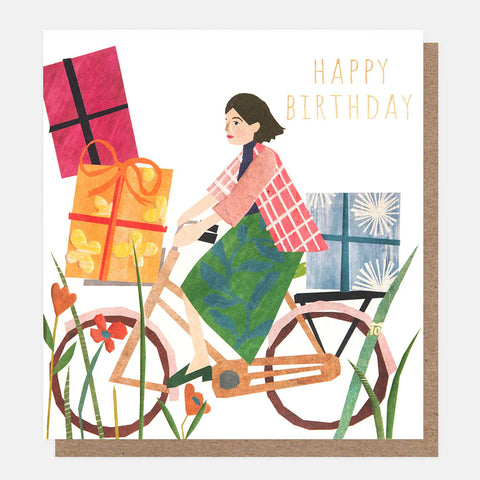 Lady On A Bike With Presents Birthday Card