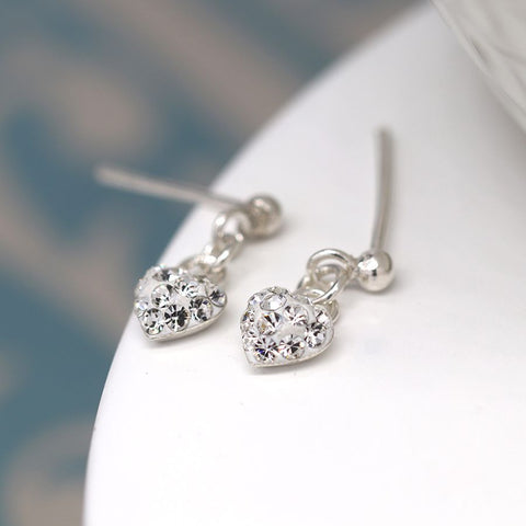 Tiny Crystal Heart Drop Sterling Silver Earrings