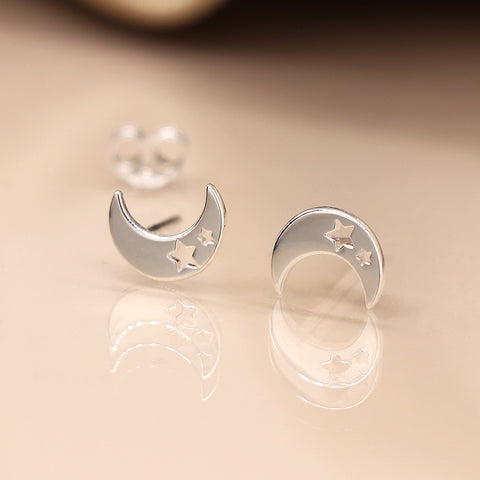 Sterling Silver Moon Stud Earrings With Star Cut Outs