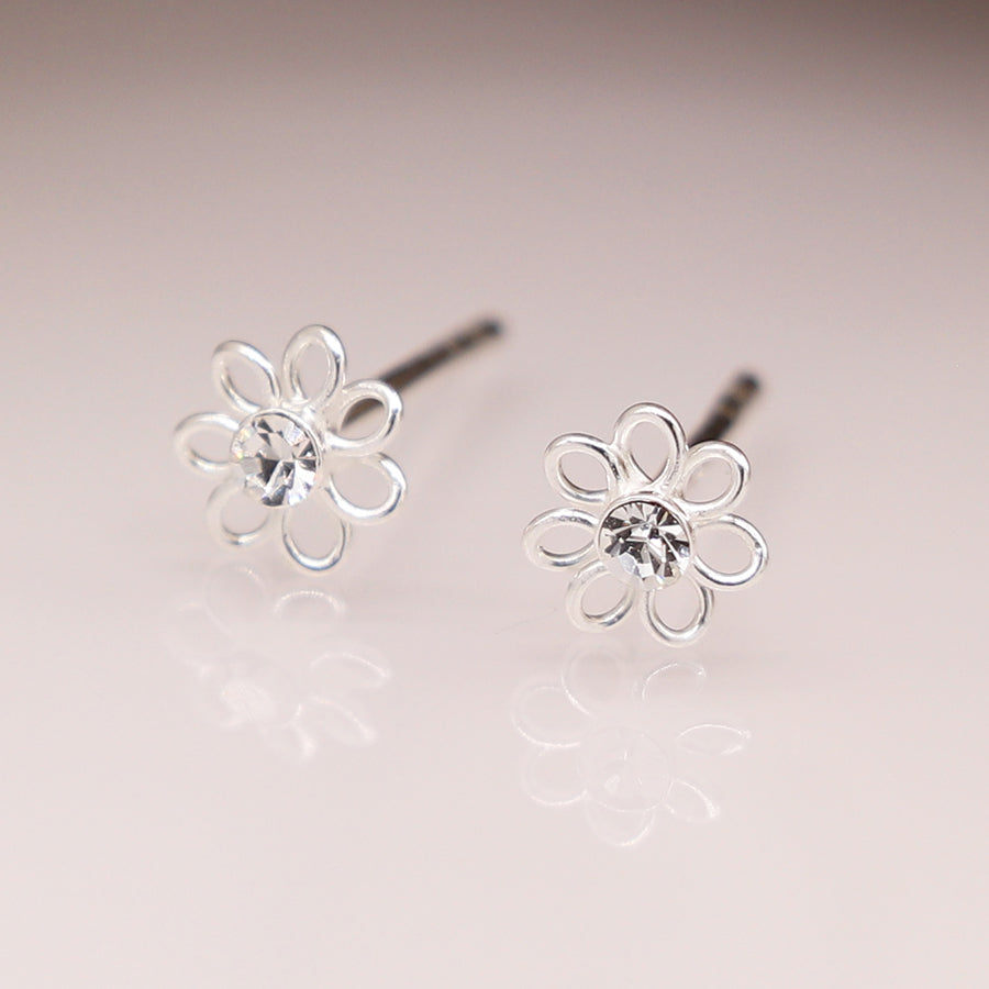 Sterling Silver Flower and Rhinestone Earrings