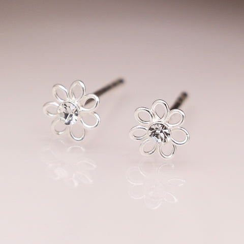 Sterling Silver Flower and Rhinestone Earrings