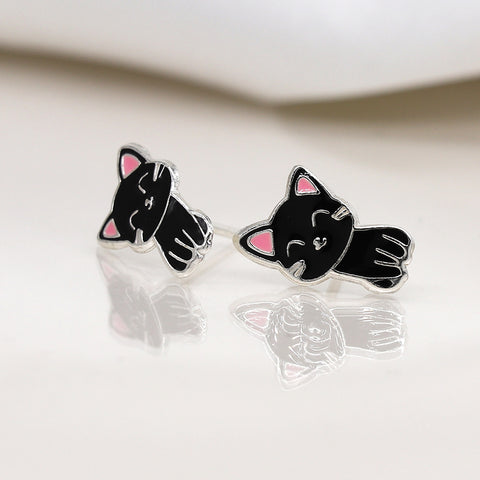 Sterling Silver Enamel Black Cat Earrings