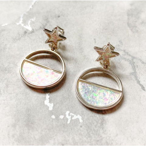 Silver Plated Star Stud With White Opal Half Circle Drop