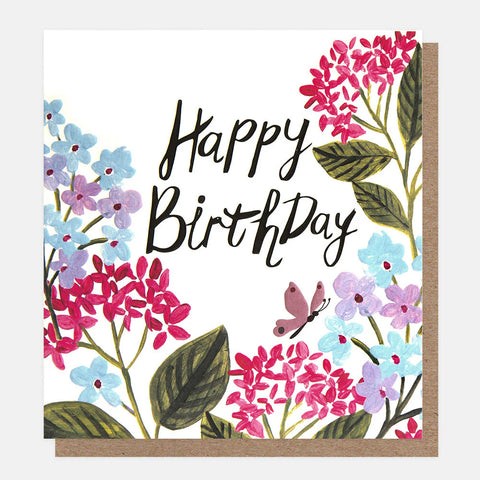 Purple And Blue Flowers And Butterfly Birthday Card