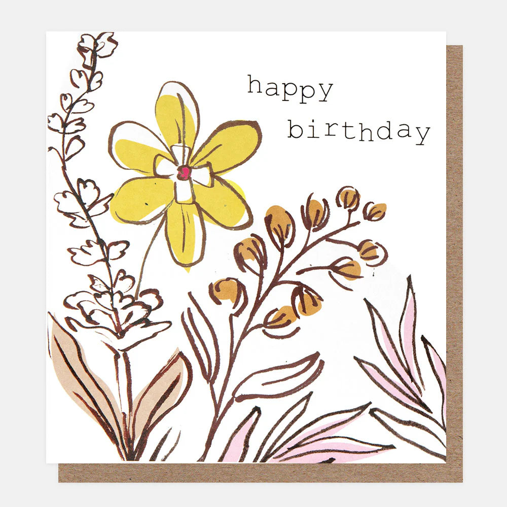 Happy Birthday Yellow Flower & Oranges Stems