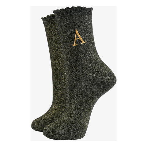 Gold Initial Glitter Socks - Various