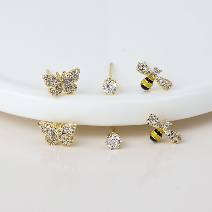 Golden Butterfly Bee & Crystal Earring Set