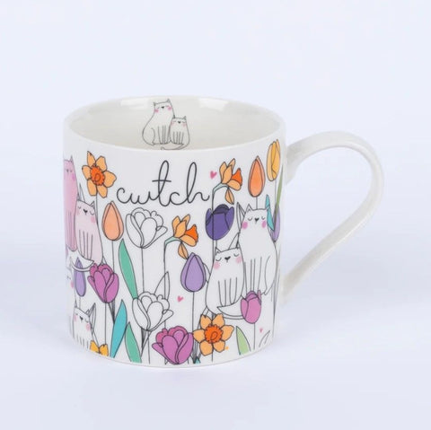 Welsh Collection China Mug `Cwtch` Cats & Flowers Design