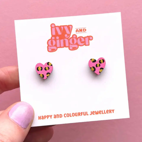 Leopard Print Heart Earrings - Various Colours