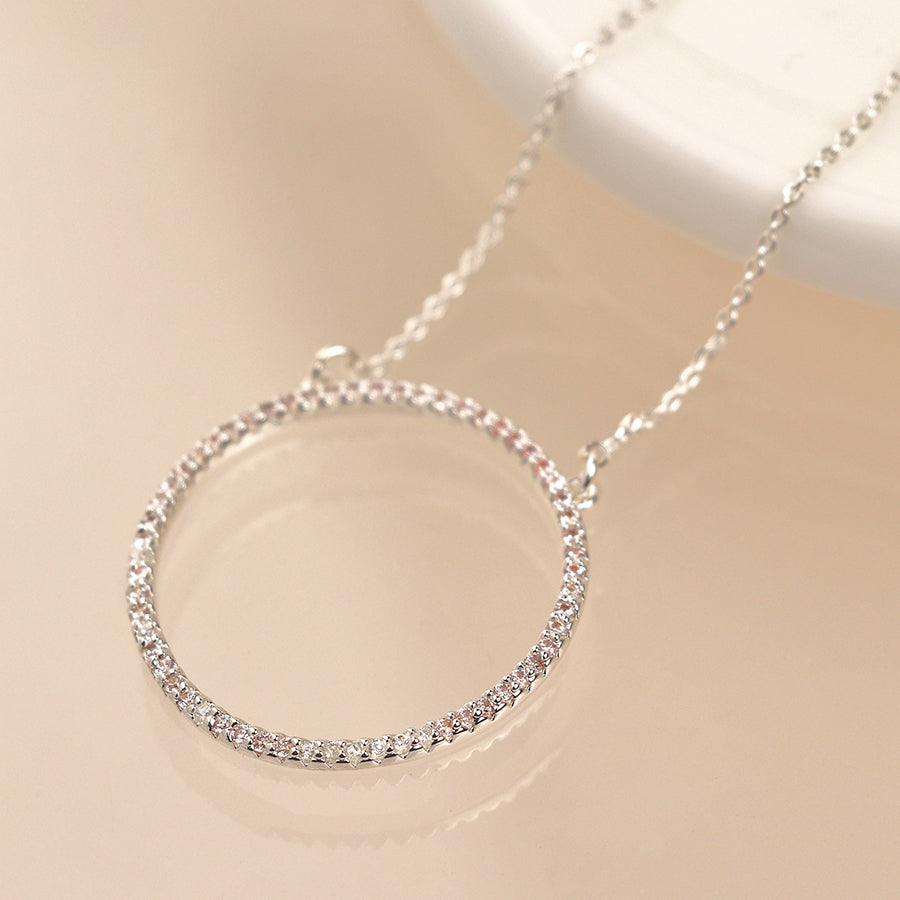 Silver Pave Crystal Hoop Necklace