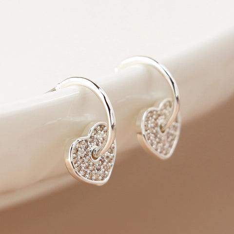 Silver Plated C Post  Crystal Heart Charm Earrings
