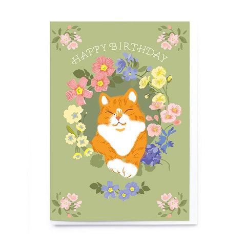Happy Birthday Cat and Flowers