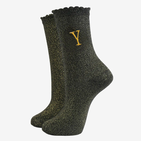 Gold Initial Glitter Socks - Various