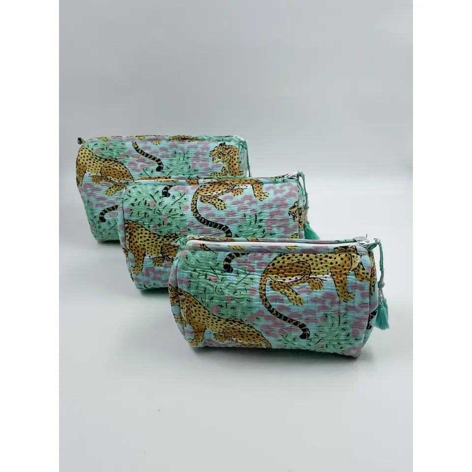 Green Leopard Quilted Wash Bag - Various Sizes