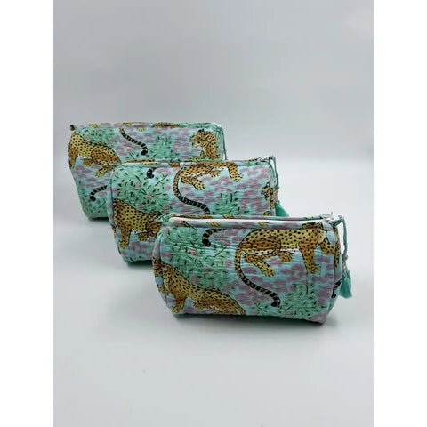 Green Leopard Quilted Wash Bag - Various Sizes