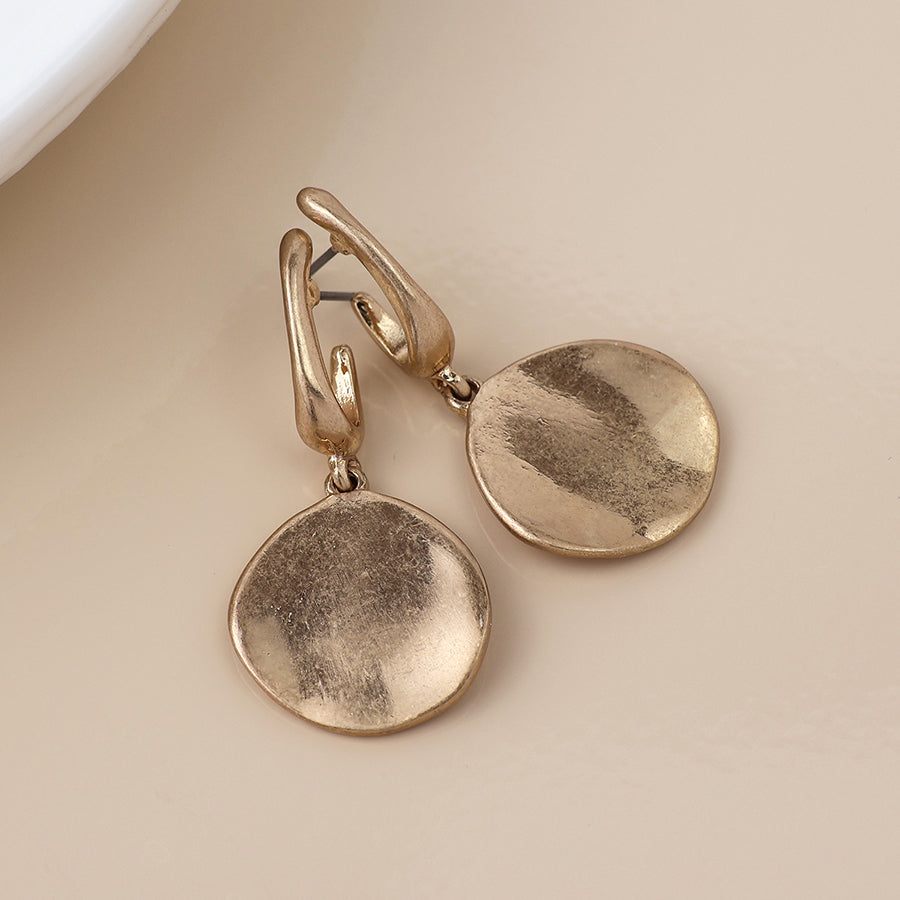 Golden Worn Disc Drop Earrings