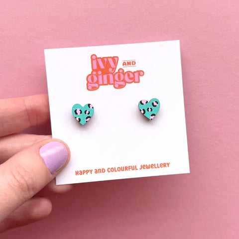 Leopard Print Heart Earrings - Various Colours