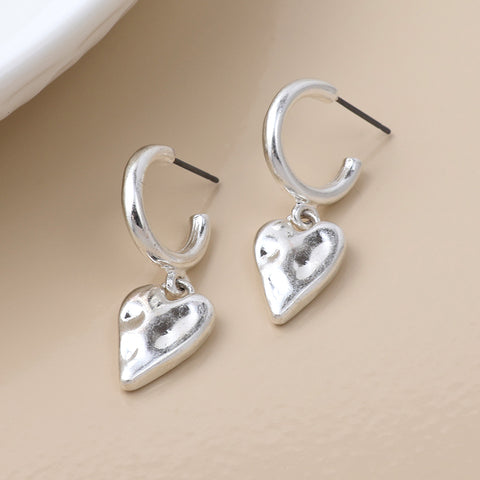 Silver Worn Heart Hoops
