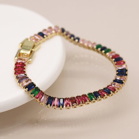 Golden Tennis Bracelet With Multicoloured Crystal