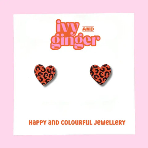 Leopard Print Heart Earrings - Various Colours
