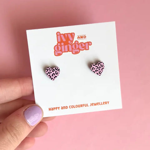 Leopard Print Heart Earrings - Various Colours