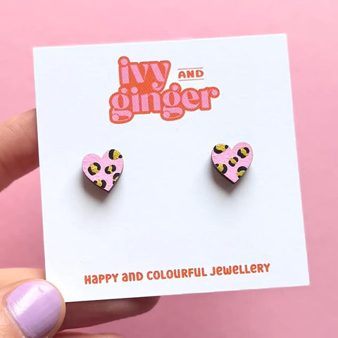 Leopard Print Heart Earrings - Various Colours
