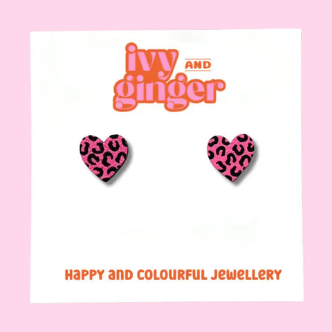 Leopard Print Heart Earrings - Various Colours