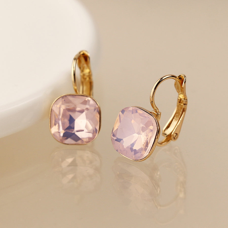 Golden & Pink Square Crystal Drop Earrings
