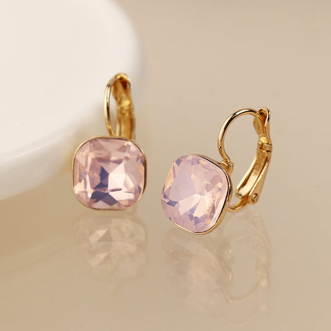 Golden & Pink Square Crystal Drop Earrings