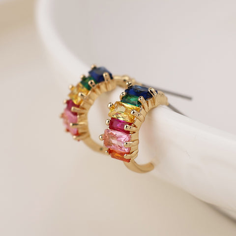 Golden Rainbow Crystal C Hoop Earrings