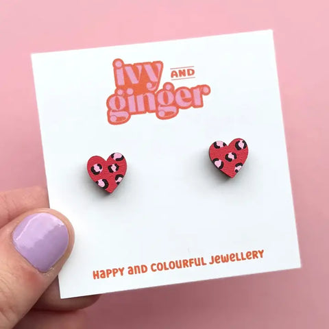 Leopard Print Heart Earrings - Various Colours