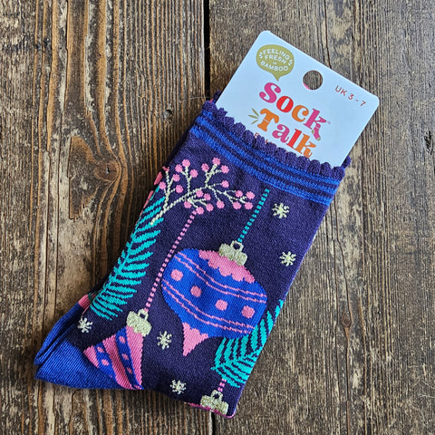 Christmas Baubles Bamboo Socks - Navy Blue