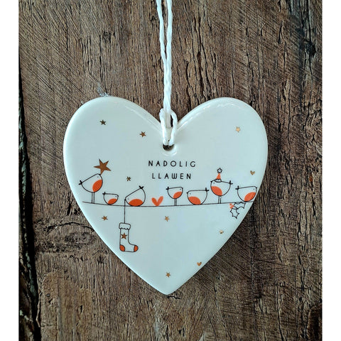 Heart Hanging Nadoig Llawen Decoration With Robins