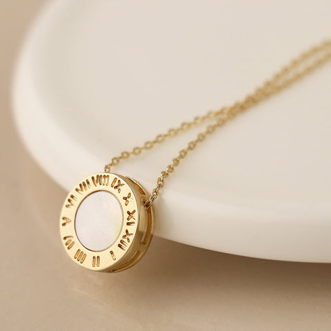 Golden Roman Numeral Clock Necklace