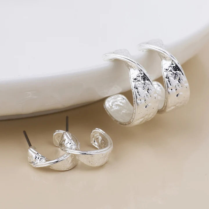 Molten Worn Textured Twist Hoop Duo Silver