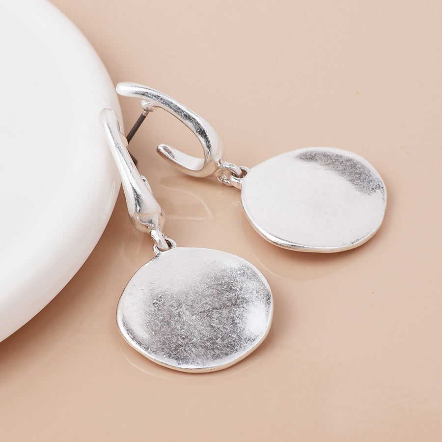 Silver Worn Disc Drop Earrings