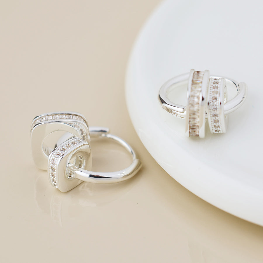 Silver Square Crystal Ring Hoop Earrings