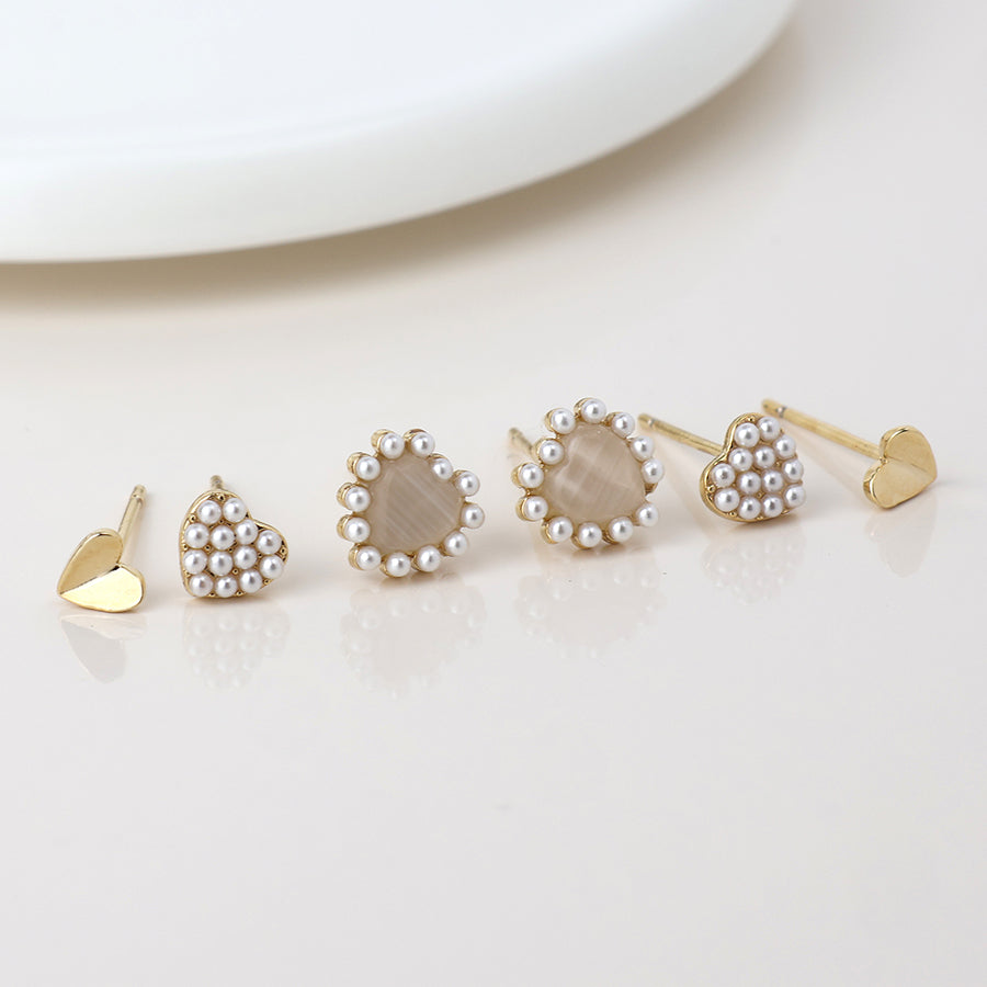 Golden Triple Heart & Pearl Stud Set
