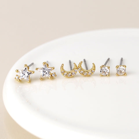 Golden Triple Star Moon Crystal Stud Set