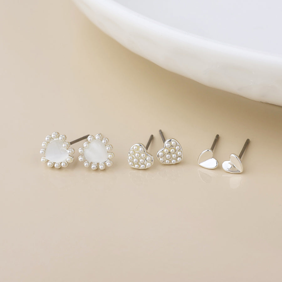 Silver Triple Heart & Pearl Stud Set