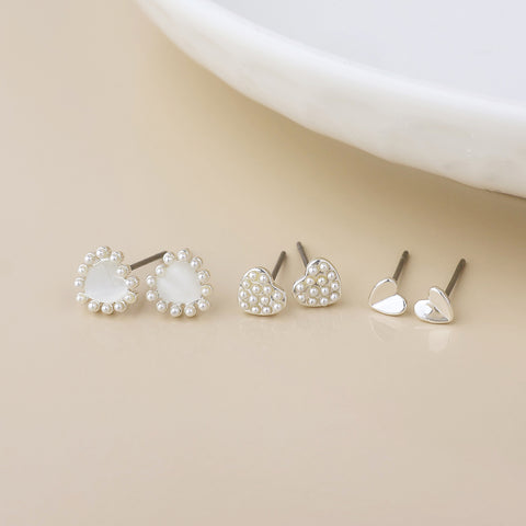 Silver Triple Heart & Pearl Stud Set