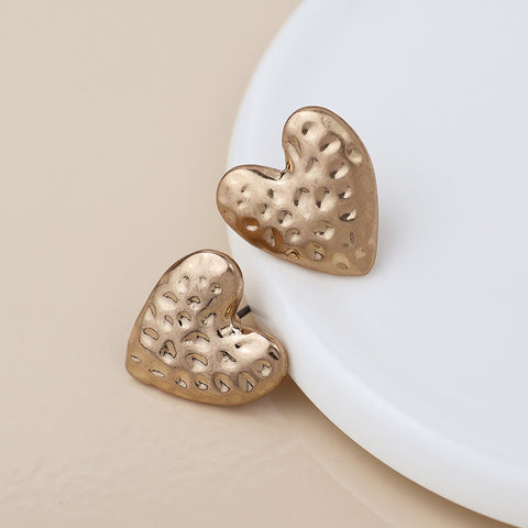 Gold Worn Hammered Heart Earrings